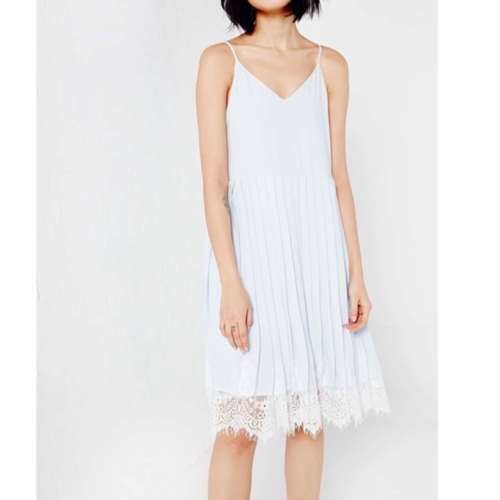 English Factory Romantic Light Blue Pleated Lace Trim Dress Size Medium